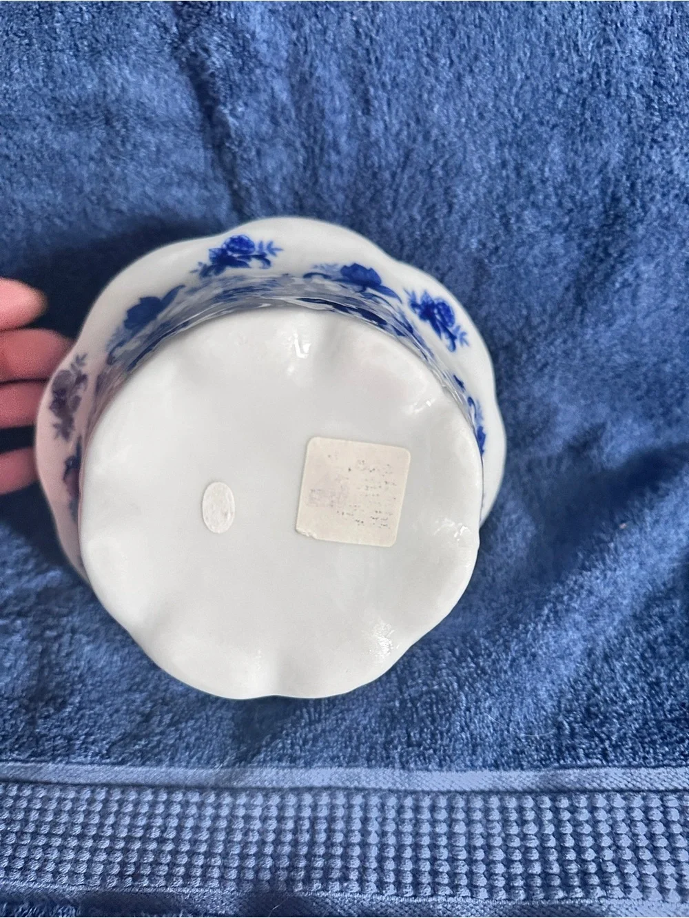 Crate&Barrel Blue and White Ceramic Basket with Floral Motif